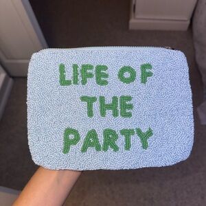 Kate spade light blue Beaded Clutch with Green Text